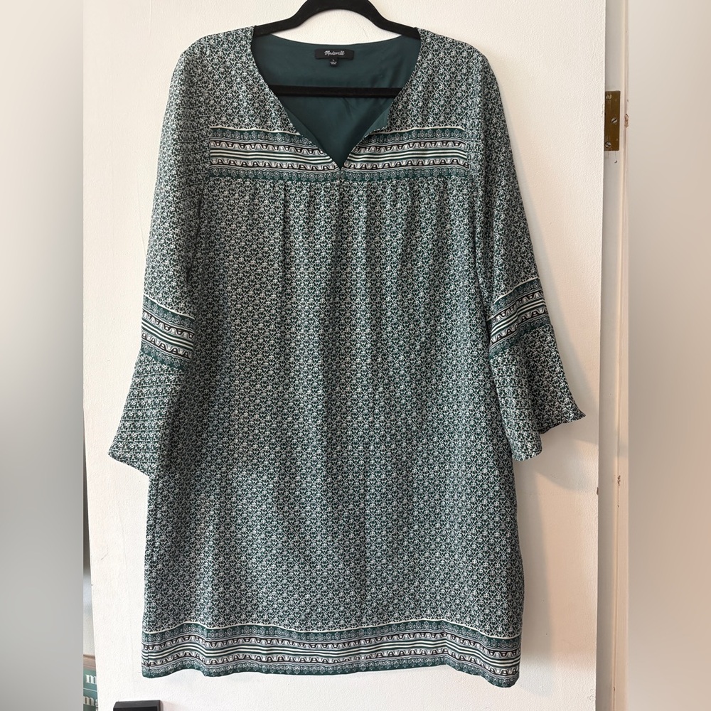 Madewell Starland Floral Bell-Sleeve Silk Green Shift Dress Size Large pockets